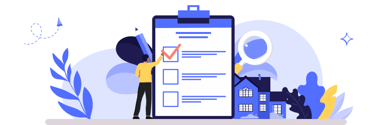 An illustration of a young man checking off the first item on his checklist to renting a home.